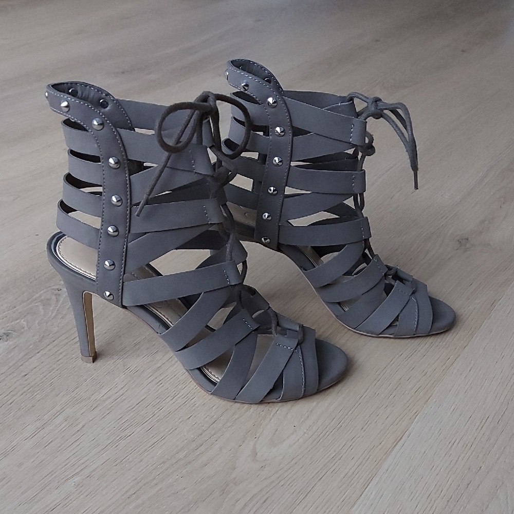 Grey Caged Gladiator Heels Lace Up Studded Stiletto Sandals Open Toe Ankle Wrap